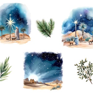 May include: Watercolor painting of a starry night sky with a bright star in the center. The painting includes a shepherd with two sheep, a group of camels, and a palm tree. The painting is set against a desert landscape.