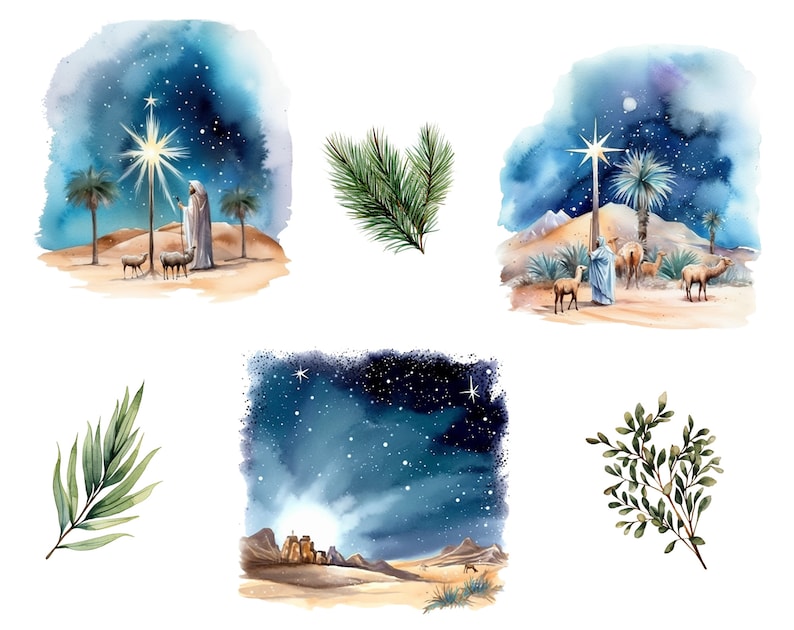 May include: Watercolor painting of a starry night sky with a bright star in the center. The painting includes a shepherd with two sheep, a group of camels, and a palm tree. The painting is set against a desert landscape.