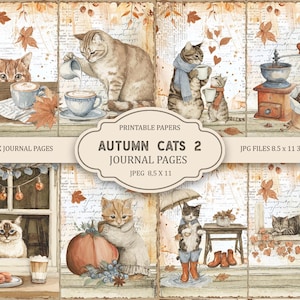 May include: A collection of watercolour illustrations depicting cats in autumn scenes. The images show cats with coffee, pumpkins, and falling leaves. Text includes "Autumn Cats 2 Journal Pages" and "5 Junk Journal Pages."