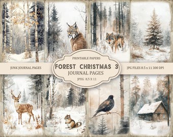 May include: A collection of printable journal pages with a winter forest theme. The pages feature watercolor illustrations of a lynx, wolf, deer, bird, and a cabin in a snowy landscape. Text on the image reads "FOREST CHRISTMAS 3 JOURNAL PAGES" and "JUNK JOURNAL PAGES".