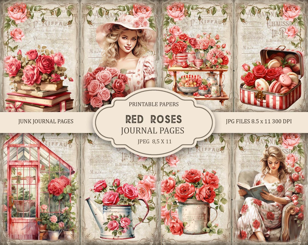 Red Roses 3 Junk Journal Kit, Vintage Digital Paper for Scrapbooking ...