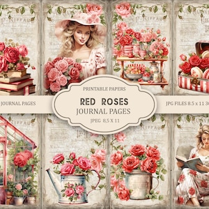 May include: Printable journal pages featuring red roses, a vintage greenhouse, a woman reading a book, and a suitcase with macarons. The pages are 8.5 x 11 inches and 300 DPI.