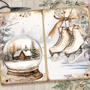 May include: A vintage-style scrapbook page with two images. The left image shows a snow globe with a small cabin inside. The right image shows a pair of white ice skates with a brown ribbon tied around them.