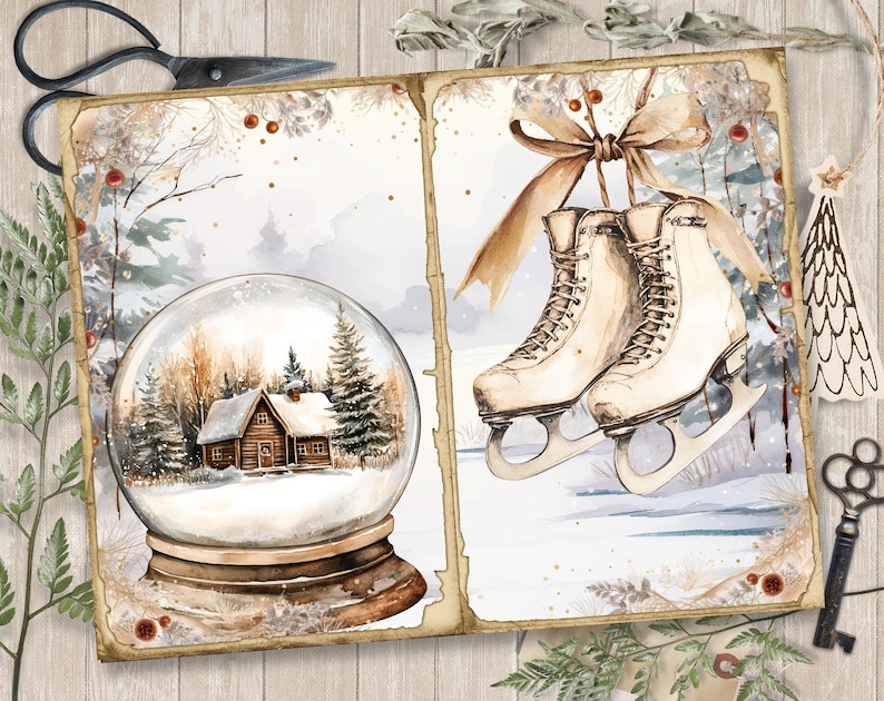 May include: A vintage-style scrapbook page with two images. The left image shows a snow globe with a small cabin inside. The right image shows a pair of white ice skates with a brown ribbon tied around them.