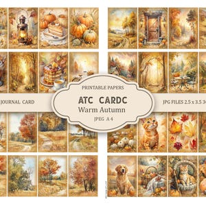 Può includere: Una collezione di carte stampabili in stile acquerello a tema autunnale. Le immagini presentano zucche, foglie autunnali e scene accoglienti. Il testo sulle carte recita "Junk Journal Card", "ATC CARDC Warm Autumn" e "JPEG A4".