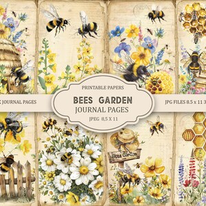Bees Garden ジャンクジャーナルページ、春のエフェメラ、スクラップブック印刷可能、印刷可能な用紙、デジタルコラージュ、春のページ、デジタルコラージュ