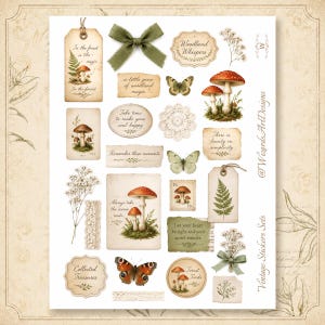 May include: A collection of vintage-style stickers featuring mushrooms, butterflies, ferns, and baby's breath flowers. The set includes rectangular tags, oval labels, and torn paper scraps with inspirational text like Woodland Whispers and Collected Treasures.