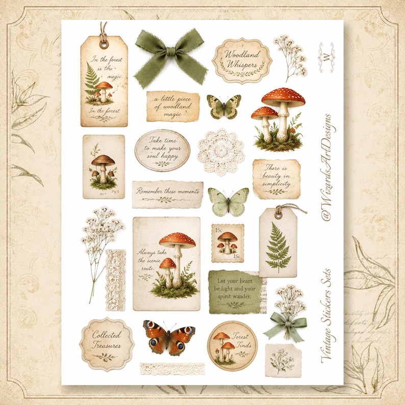 May include: A collection of vintage-style stickers featuring mushrooms, butterflies, ferns, and baby's breath flowers. The set includes rectangular tags, oval labels, and torn paper scraps with inspirational text like Woodland Whispers and Collected Treasures.