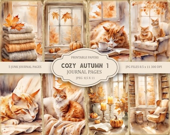 Op de afbeelding: Vijf afdrukbare journalpagina's met gezellige herfstscènes met katten, pompoenen en warme kleuren. De pagina's zijn 8,5 inch bij 11 inch en 300 DPI.