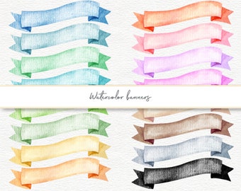 Watercolor Pastel Ribbon, Banners, Label,  Clipart, Printable Digital Watercolor Banners, Instant Download, 14 PNG Files