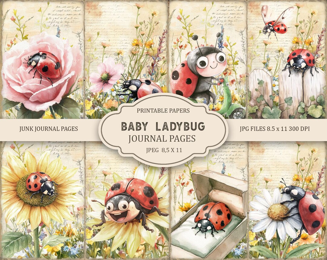Baby Ladybug Pages Junk Journal Kit: Printable Scrapbook Pages, Flowers ...