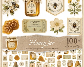 Honey Jar Stickers for Junk Journals, Printable Fussy Cuts, Digital Ephemera, Scrapbook,  JPG