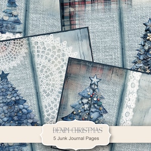 Denim Christmas tree Junk Journal Kit, Merry Christmas Junk Journal Pages, Winter Scene Junk Journal Printable Paper, Digital Collage Sheet