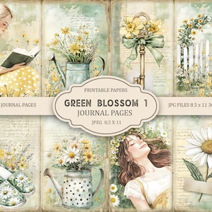 Páginas de diario basura Green Blossom 1, efímeras de primavera, álbum de recortes imprimible, papel imprimible, collage digital, páginas de primavera, collage digital