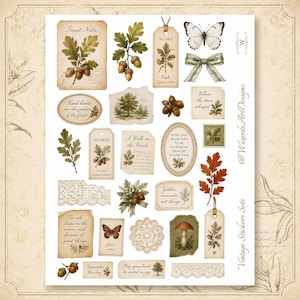 May include: A sticker sheet featuring various botanical and vintage-themed illustrations including acorns, oak leaves, butterflies, lace patterns, and handwritten text snippets like Forest Notes, A Walk in the Woods, and Gather moments not things.