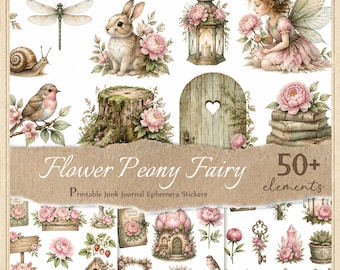 Flower Peony Fairy Stickers for Junk Journals, Printable Fussy Cuts, Digital Ephemera, Scrapbook,  JPG