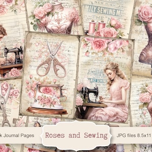 Roses et couture, 5 pages de journal numérique indésirable, kit de papier de scrapbooking, impression couturière, feuille de collage de dentelle, éphémères de machine à coudre