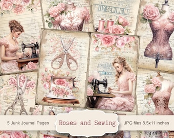 Roses et couture, 5 pages de journal numérique indésirable, kit de papier de scrapbooking, impression couturière, feuille de collage de dentelle, éphémères de machine à coudre