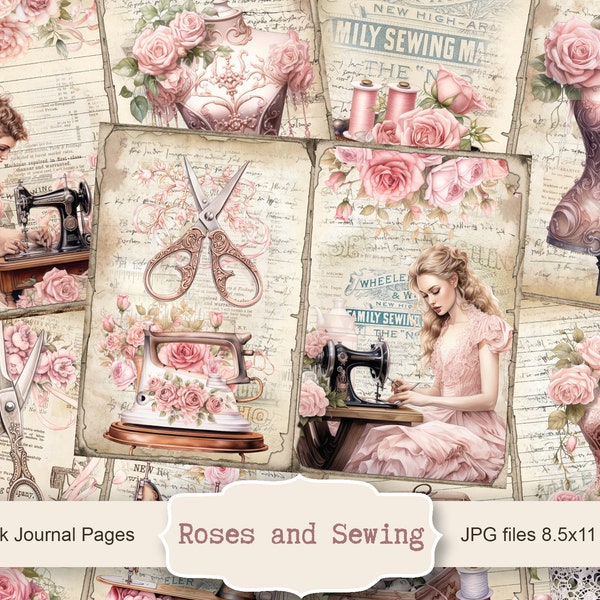 Roses and sewing 5 Digital Junk Journal Pages, Scrapbook Paper Kit, Seamstress Printable, Lace Collage Sheet, Sewing Machine Ephemera