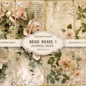 BEIGE ROSES 1 pagine del diario spazzatura, Ephemera primaverile, Scrapbook stampabile, carta stampabile, Collage digitale, Pagine primaverili, Collage digitale