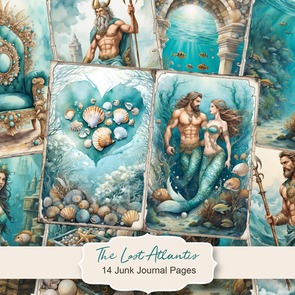 Lost Atlantis Junk Journal Kit, Mermaid Digital Paper for Scrapbooking, Sea Digital Paper, Marine Journal Pages, Underwater Page JPG