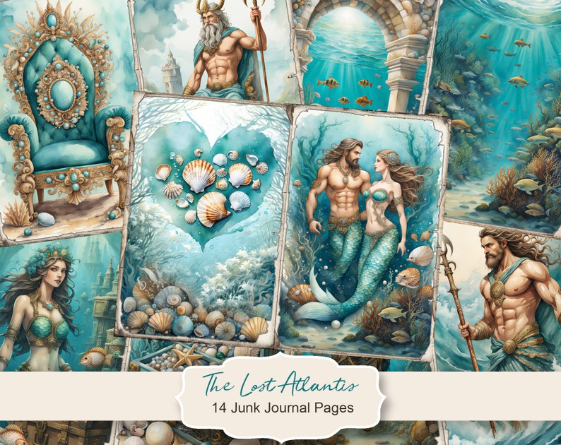 K&ouml;nnte beinhalten: Ein Set mit 14 digitalen Junk Journal Seiten mit einem Unterwasser-Thema mit Meerjungfrauen, Muscheln und einem Thron. Die Seiten sind mit "The Lost Atlantis" betitelt.