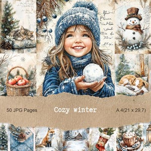 May include: A digital collage with a cozy winter theme. It features a smiling girl in a blue hat holding a snowball, alongside images of a sleeping cat, a snowman, a basket of apples, and a sleeping dog. The text "Cozy winter" is visible.