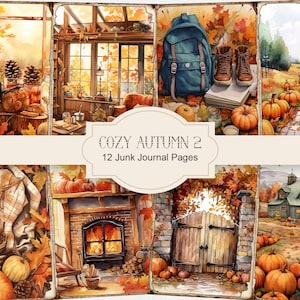 Cosy Autumn 2 Junk Journal Pages, Fall Ephemera, Scrapbook imprimíveis, papel para impressão, colagem digital, cena de outono, folha de colagem digital
