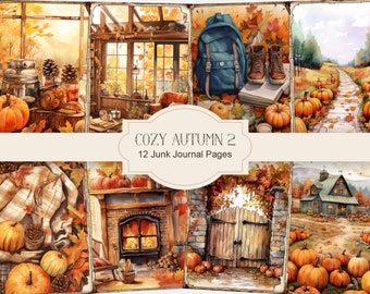 Cozy Autumn 2 Junk Journal Pages, Fall Ephemera, Scrapbook printables, Printable Paper, Digital Collage, Autumn Scene, Digital Collage Sheet
