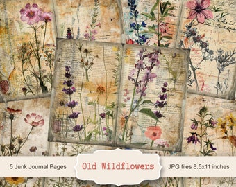 Oude wilde bloemen ongewenste dagboekpagina's, vintage Bee Junk Journal Kit, ongewenste dagboekpapier, digitaal collageblad, Instant Download
