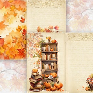 May include: A digital collage featuring three autumn-themed pages. The first page has a watercolor background of orange and yellow leaves. The second page has a bookshelf with books, pumpkins, and a cup of coffee. The third page has a blank space with a decorative border and a basket of mushrooms.