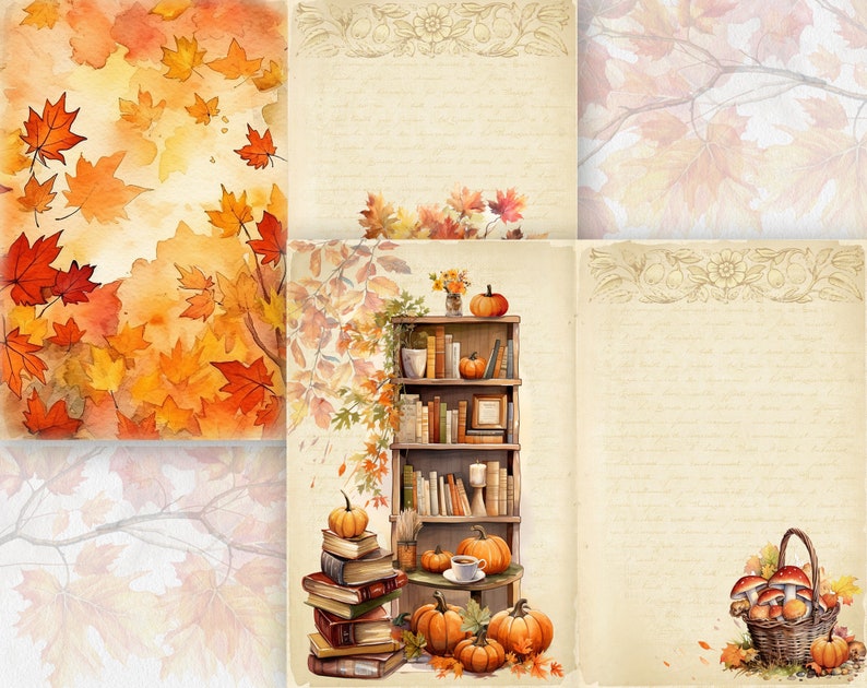 May include: A digital collage featuring three autumn-themed pages. The first page has a watercolor background of orange and yellow leaves. The second page has a bookshelf with books, pumpkins, and a cup of coffee. The third page has a blank space with a decorative border and a basket of mushrooms.