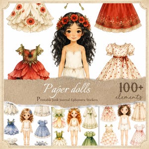 Puede incluir: Una colección de muñecas de papel y varios vestidos con patrones florales, coronas de amapolas rojas y atuendos detallados. La imagen incluye el texto Paper dolls, 100+ elements y Printable Junk Journal Ephemera Stickers.