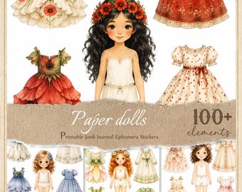 Paper Doll Stickers for Junk Journals, Printable Fussy Cuts, Digital Ephemera, Scrapbook,  JPG