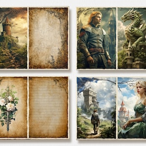 May include: A set of four vintage-style printable journal pages featuring a medieval castle, a knight, a dragon, and a princess. The pages have a distressed, aged look with ornate borders.