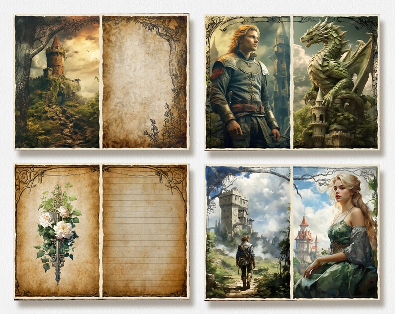 May include: A set of four vintage-style printable journal pages featuring a medieval castle, a knight, a dragon, and a princess. The pages have a distressed, aged look with ornate borders.