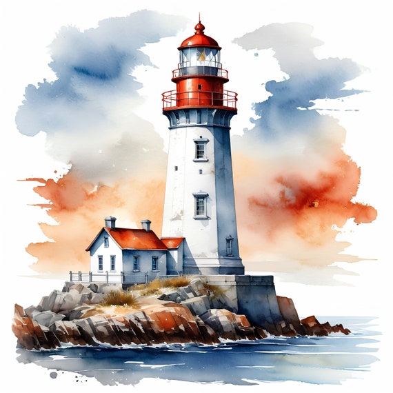 10 Watercolor lighthouse clipart,  Printable Watercolor clipart, High Quality JPGs, Digital download, Paper craft, junk journal, JPGs