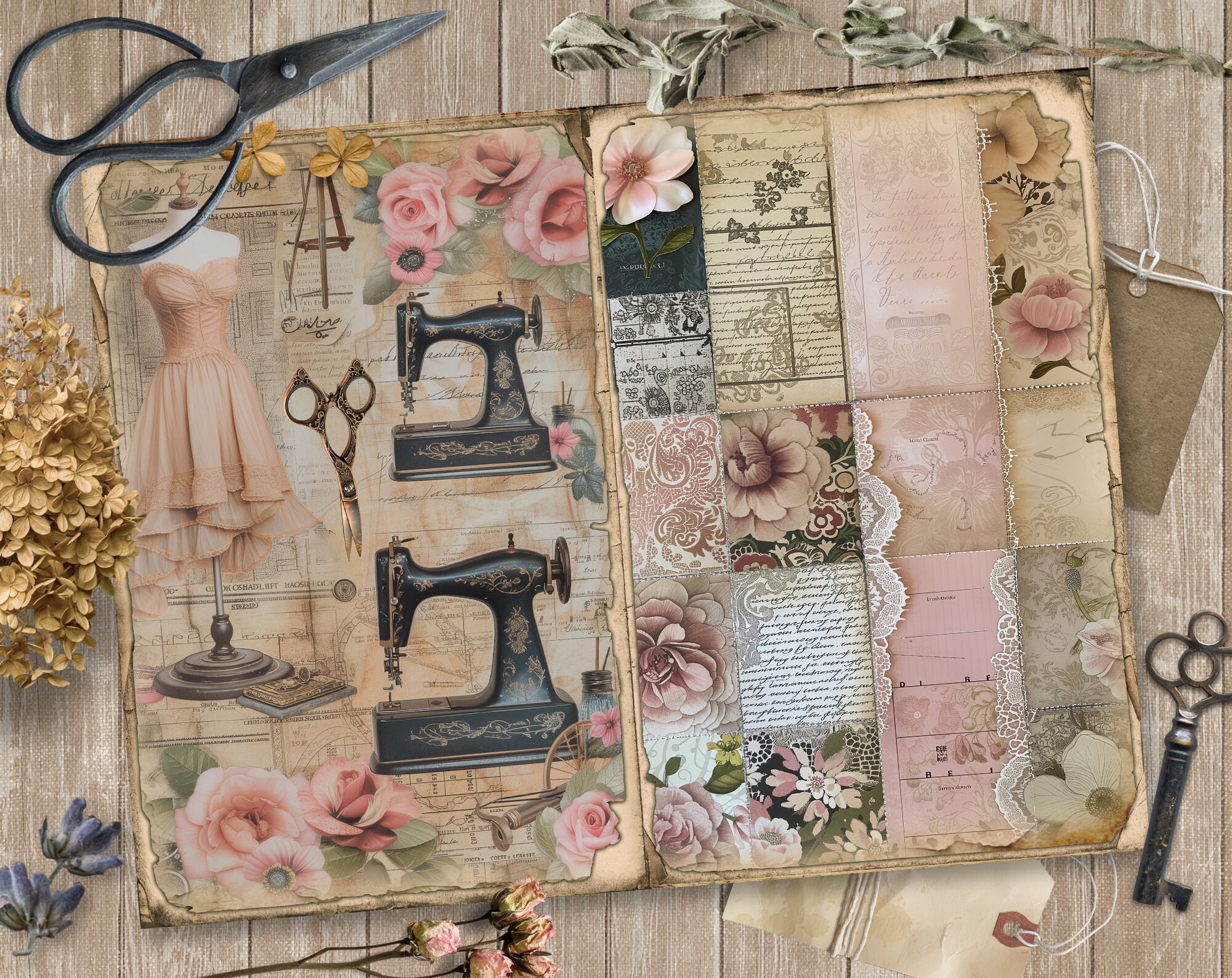 Atelier Sewing, 5 Digital Junk Journal Pages, Scrapbook Paper Kit ...