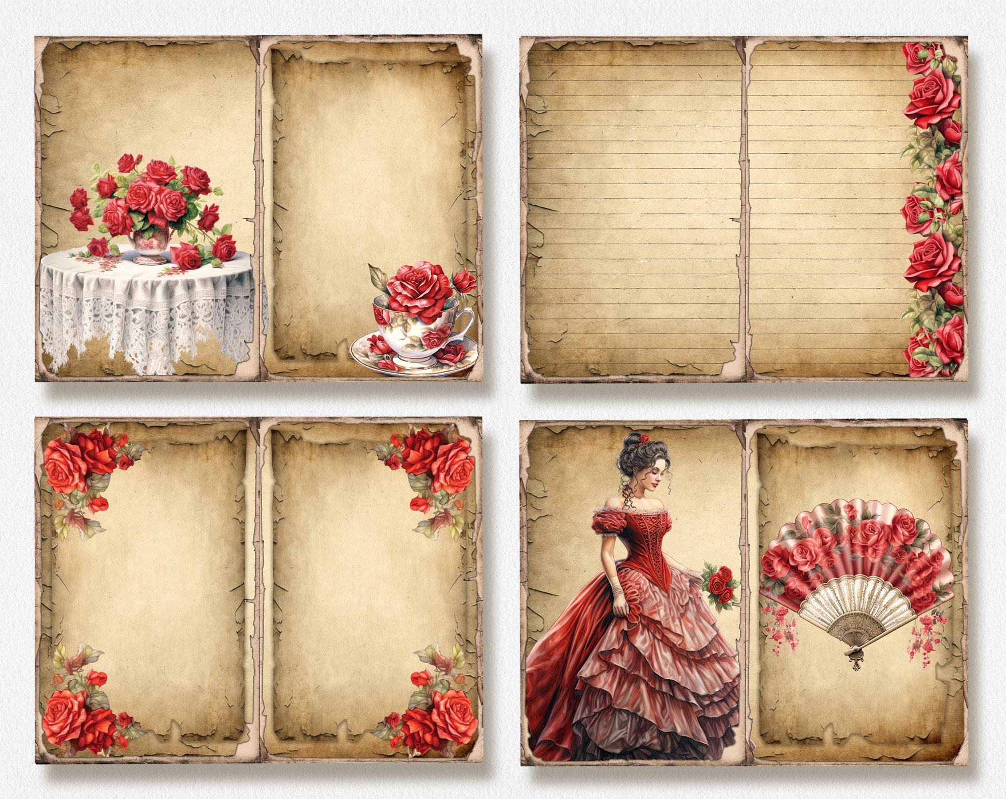 Red Roses 2 Vintage Junk Journal Kit, Vintage Digital Paper for ...