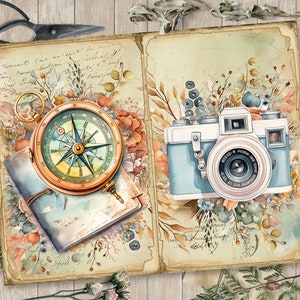 May include: A vintage-style journal with a compass and a camera on the cover. The journal is decorated with watercolor flowers and leaves. The compass is gold with a blue needle and the camera is blue with a pink lens.