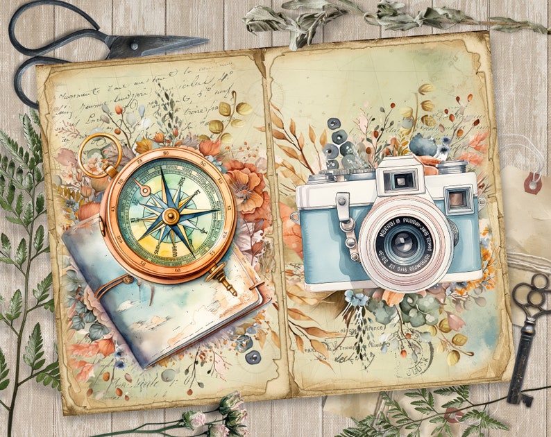 May include: A vintage-style journal with a compass and a camera on the cover. The journal is decorated with watercolor flowers and leaves. The compass is gold with a blue needle and the camera is blue with a pink lens.