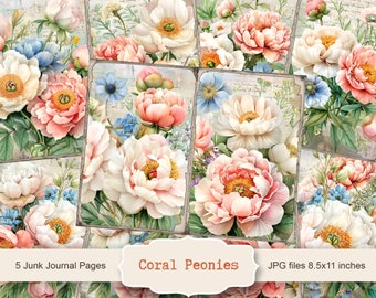 Páginas digitais de diário de lixo de peônias de coral, scrapbooking de papel de flores, papel digital de primavera, JPG de primavera, folha de colagem digital, para impressão