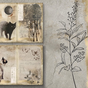 May include: A vintage-style journal with a black cat on the front cover and a floral design on the back cover. The journal is open to reveal pages with handwritten text and drawings of butterflies.