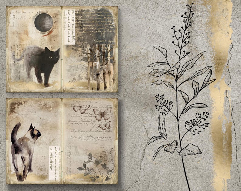 May include: A vintage-style journal with a black cat on the front cover and a floral design on the back cover. The journal is open to reveal pages with handwritten text and drawings of butterflies.