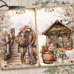 May include: A watercolor illustration of a couple standing on a wooden bridge in a snowy forest. The couple is holding a bouquet of flowers. In the background, a small wooden cabin with a wreath on the door is surrounded by snow and greenery.