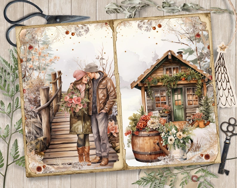 May include: A watercolor illustration of a couple standing on a wooden bridge in a snowy forest. The couple is holding a bouquet of flowers. In the background, a small wooden cabin with a wreath on the door is surrounded by snow and greenery.
