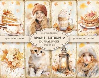 May include: Five printable journal pages with autumn themes. The pages feature a slice of cake, a cup of tea, a cat, a lantern, a woman with a hat, and a cup of coffee with whipped cream.