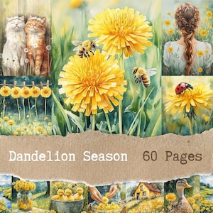 May include: Watercolor collage featuring dandelions, bees, and a ladybug. The image includes a woman with braided hair, cats, and ducklings. Text reads "Dandelion Season 60 Pages."
