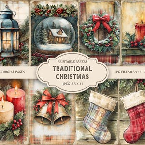 2 páginas imprimibles para diario basura de Navidad tradicional, kit de diario basura, álbum de recortes, papel imprimible, collage digital, descarga instantánea