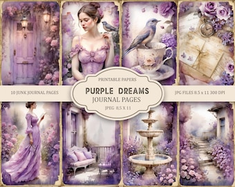 Purple Dreams Printable Pages, Junk Journal Kit, Scrapbook printable, Printable Paper, Digital Collage, Instant Download